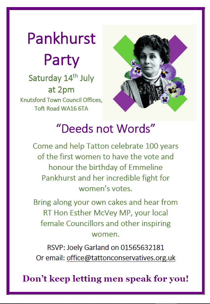 Come and help Tatton celebrate 100 years of the first women to have the vote and honour the birthday of Emmeline Pankhurst and her incredible fight for women's votes. 